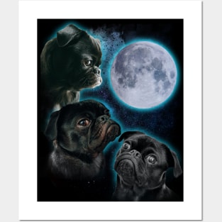 Three Pugs moon Posters and Art